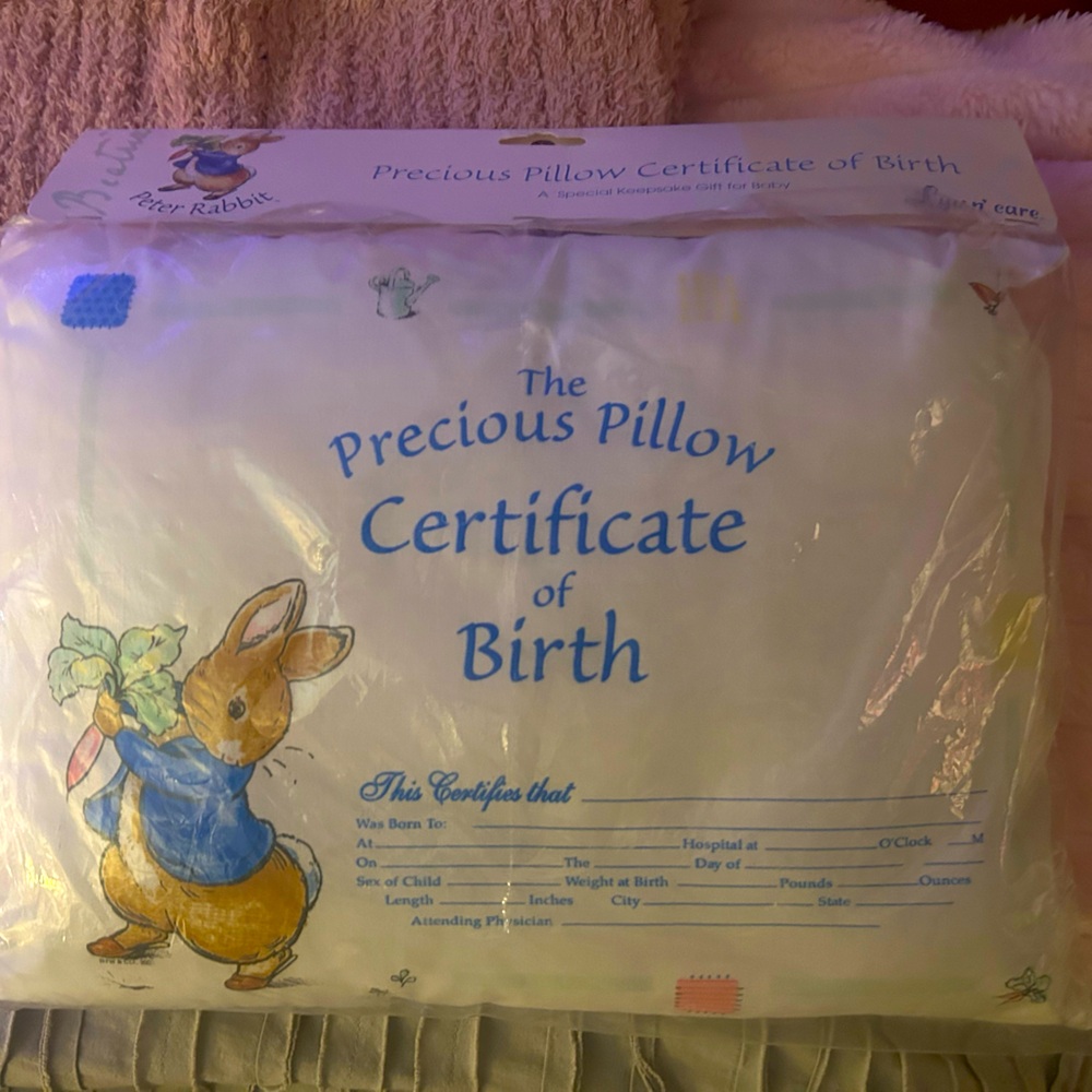 Peter rabbit birth, keepsake, pillow